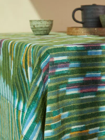 Gregory Parkinson Petal Stripe Block-printed Cotton Rectangular Tablecloth  Abask Luxury Gift