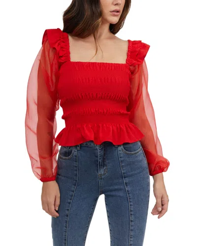 Bebe Smocked Body Chiffon Sleeve Top In Red