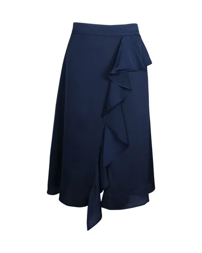 Iris & Ink Ruffled Midi Skirt In Navy Blue Polyester In Blue