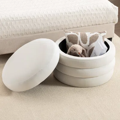 Streamdale Furniture Streamdale Velvet Fabric Storage Round Ottoman Footstool With Wooden Shelving
