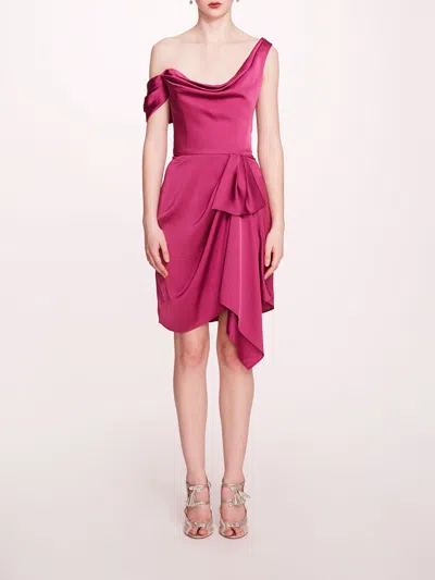 Marchesa Asymmetrical Satin Mini Dress In Moody Orchid