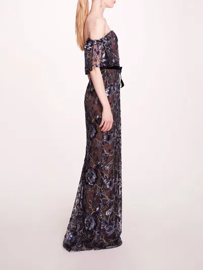 Marchesa Climbing Vines Gown In Crystal Ocean