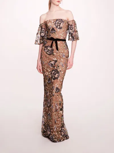 Marchesa Climbing Vines Gown In Black Blue