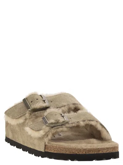 Birkenstock Arizona Suede Shearling Dual-buckle Slide Sandals