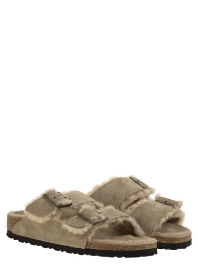 Birkenstock Arizona Suede Shearling Dual-buckle Slide Sandals