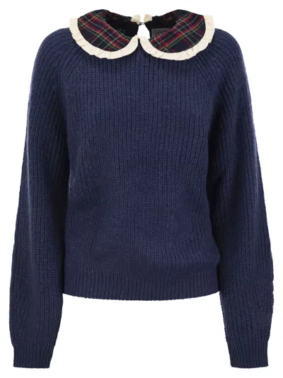 Mc2 Saint Barth Calia - Ribbed Jumper With Velvet Collar And Bow