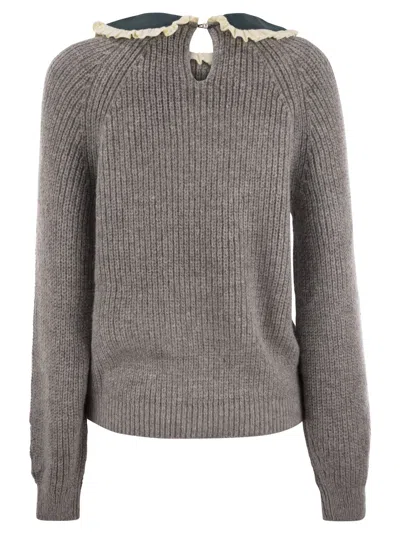 Mc2 Saint Barth Calia - Ribbed Jumper With Velvet Collar And Bow