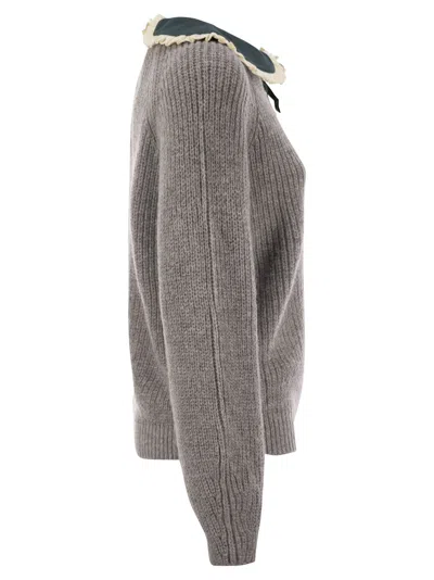 Mc2 Saint Barth Calia - Ribbed Jumper With Velvet Collar And Bow