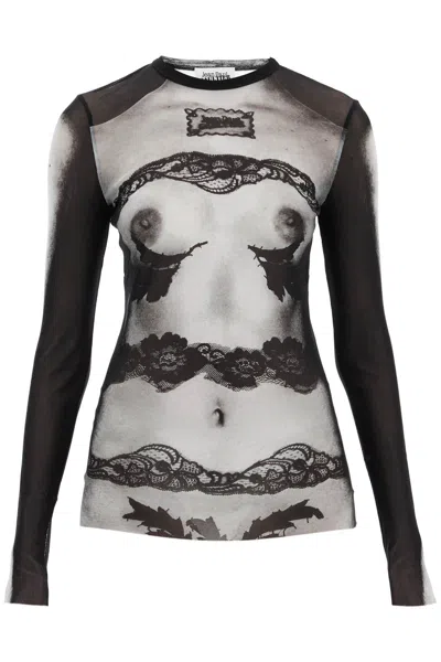 Shop Jean Paul Gaultier Top In Mesh 'body Lace Marinière' In Black, Grey