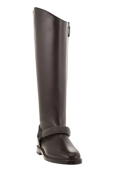 Brunello Cucinelli Women Mat Calf Boots With Precious Ribbed Strap