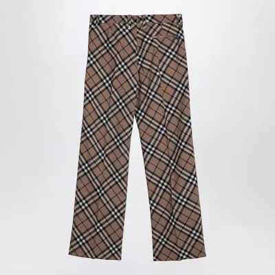 Burberry Wool Blend Checked Trousers With Wide Leg