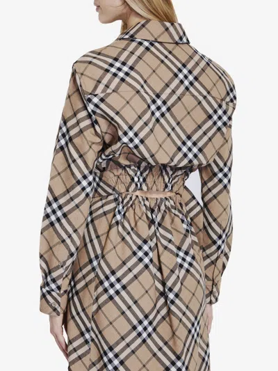Burberry Chemisier Cotton Short Dress With Check Print In Nude