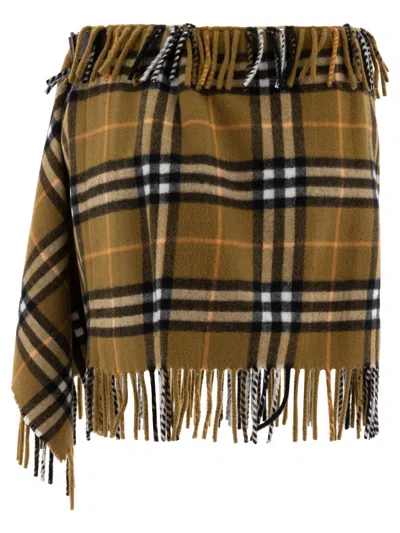 Shop Burberry Check Wool Cashmere Scarf Skirt