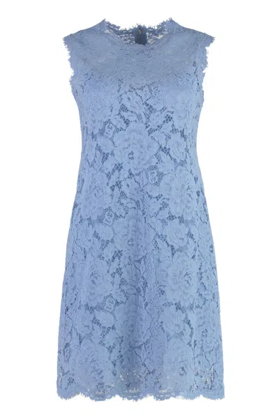Dolce & Gabbana Light Blue Sleeveless A Line Dress In Floral Dg Lace Woman