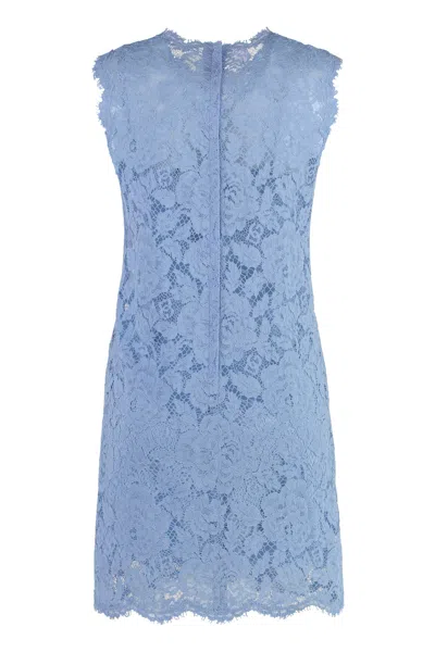 Dolce & Gabbana Light Blue Sleeveless A Line Dress In Floral Dg Lace Woman