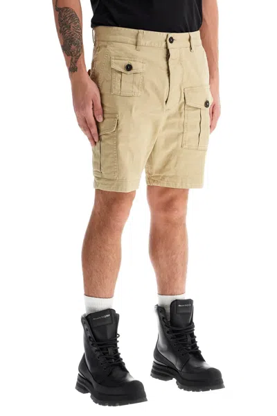 Dsquared2 Men Beige Bermuda With Asymmetric Cargo Pockets And Belt Loops In Cotton Man