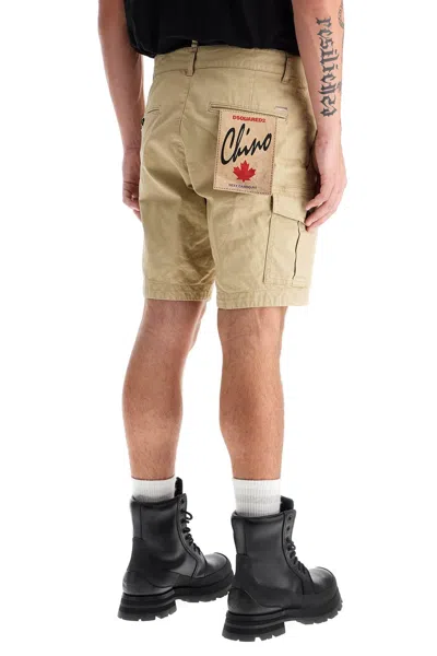 Dsquared2 Men Beige Bermuda With Asymmetric Cargo Pockets And Belt Loops In Cotton Man