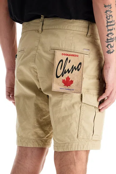 Dsquared2 Men Beige Bermuda With Asymmetric Cargo Pockets And Belt Loops In Cotton Man