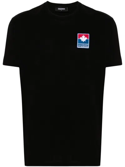 Dsquared2 Black Cotton T-shirt With Logo Patch In Black