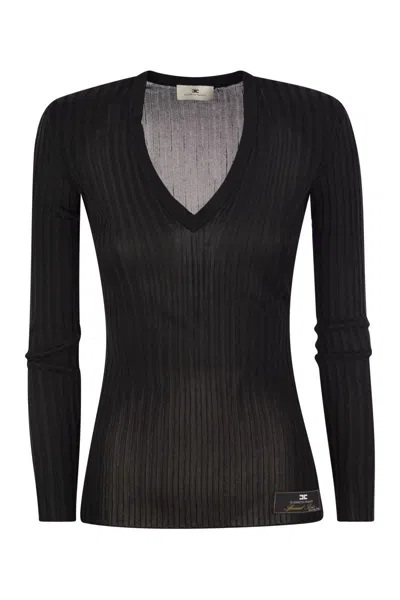Elisabetta Franchi Black Ribbed Top In Black