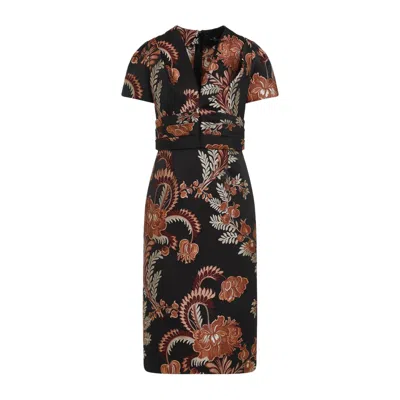 Etro Floral Embroidered Midi Dress With Short Sleeves In Black