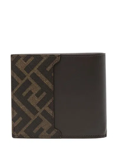 Fendi Ff Leather And Canvas Brown Bi-fold Wallet
