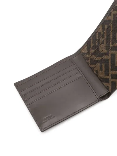 Fendi Ff Leather And Canvas Brown Bi-fold Wallet