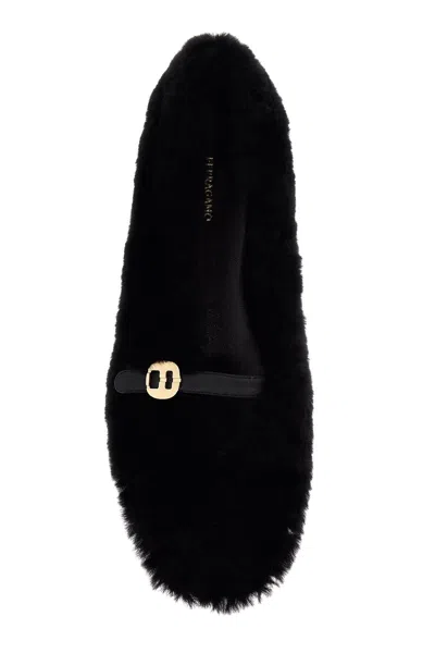 Ferragamo Shearling Texture Ballerinas With Gold-tone Hardware In Black