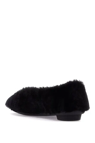 Ferragamo Shearling Texture Ballerinas With Gold-tone Hardware In Black