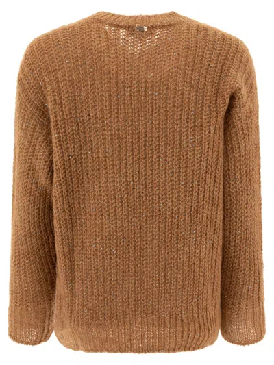 Herno Sequined Brown Knit Sweater With V-neckline