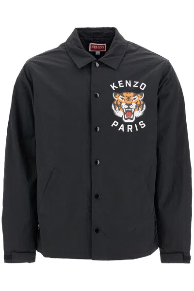 Kenzo Black Overshirt With Tiger Embroidery In Tech Fabric Man