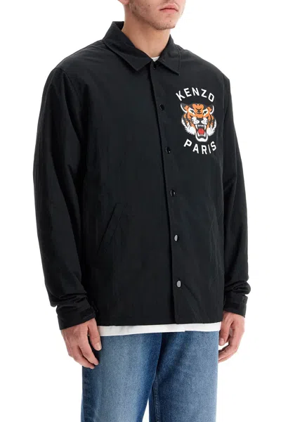Kenzo Black Overshirt With Tiger Embroidery In Tech Fabric Man
