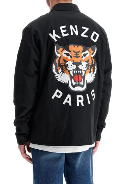Kenzo Black Overshirt With Tiger Embroidery In Tech Fabric Man