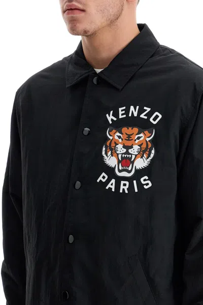 Kenzo Black Overshirt With Tiger Embroidery In Tech Fabric Man