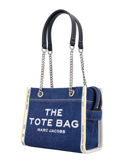 Marc Jacobs 'the Small Tote' Blue Denim Handbag With Logo Print Woman