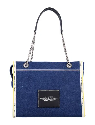 Marc Jacobs 'the Small Tote' Blue Denim Handbag With Logo Print Woman