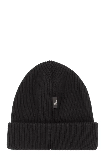 Moncler Grenoble Black Ribbed Beanie With Logo Patch In Wool Man In Black