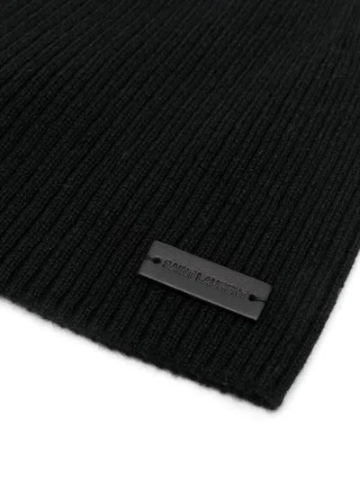 Saint Laurent Black Beanie With Logo Patch In Cashmere Man