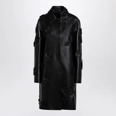 Valentino Black Leather Coat With Embroidery