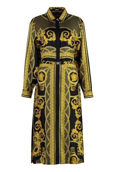Versace Belted Printed Silk-twill Midi Shirt Dress