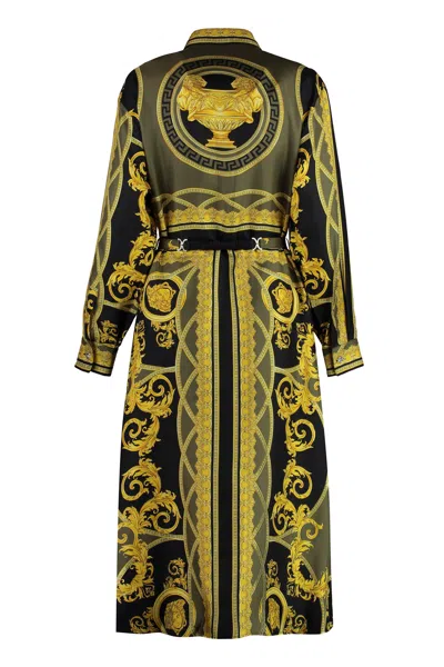 Versace Belted Printed Silk-twill Midi Shirt Dress