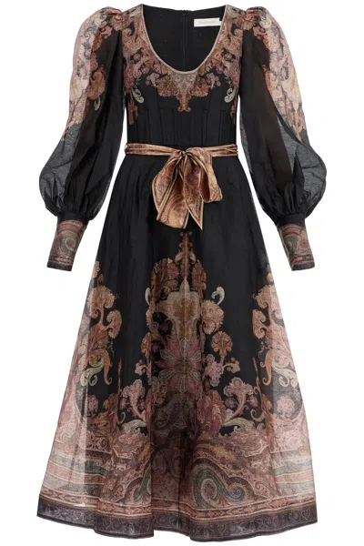 Zimmermann Illustration Belted Printed Linen And Silk-blend Organza Midi Dress