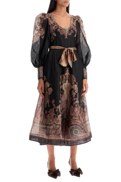 Zimmermann Illustration Belted Printed Linen And Silk-blend Organza Midi Dress