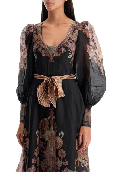 Zimmermann Illustration Belted Printed Linen And Silk-blend Organza Midi Dress