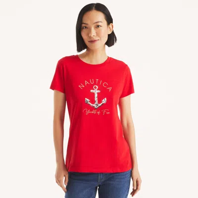 Nautica Womens Glitter Anchor Yachts Of Fun Graphic T-shirt In White