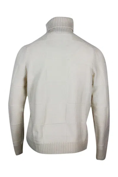 Barba Napoli Turtleneck Sweater In Pure And Soft Cashmere With Alternating Embossed Squares In White