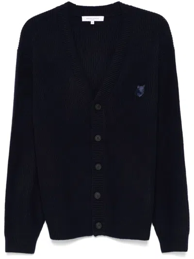 Maison Kitsuné Wool Blend Cardigan With Embroidered Foxy Patch On The Front In Blue