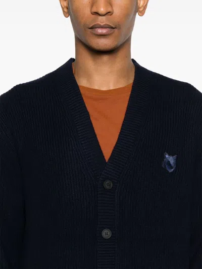 Maison Kitsuné Wool Blend Cardigan With Embroidered Foxy Patch On The Front In Blue