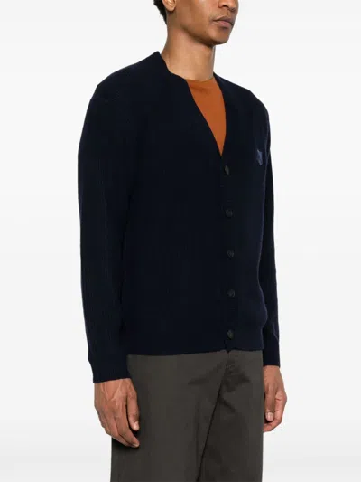 Maison Kitsuné Wool Blend Cardigan With Embroidered Foxy Patch On The Front In Blue