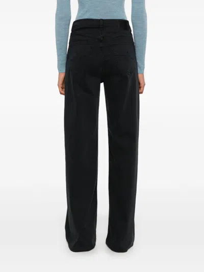 Ag Wide Leg Denim Trousers With Belt Loops In Black